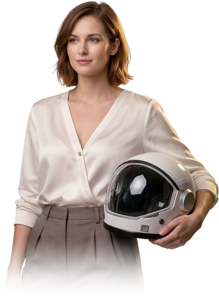 Professional woman holding an astronaut helmet